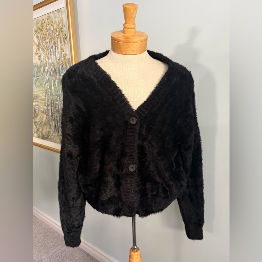 Bella Dahl Ultra-Soft Faux Angora Cardigan – Size Large – Black Plush Sweater